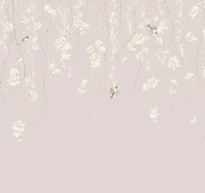 Фотообои на стену - в детскую комнату, свисающие ветки, розы белые, птички, розовая, пудрового цвета