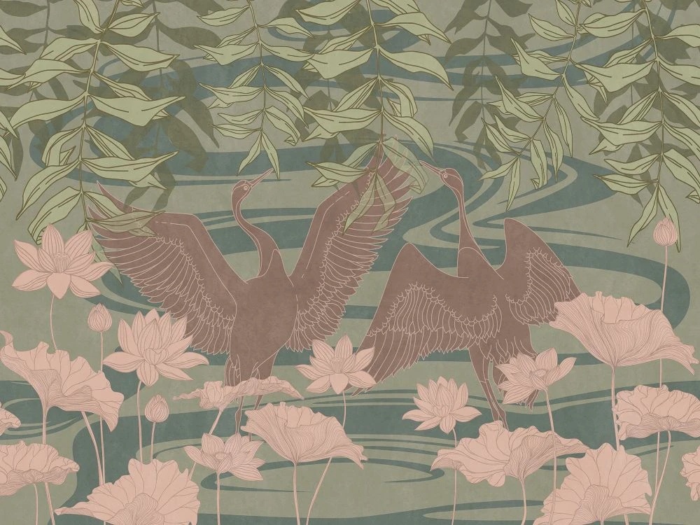 Фотообои и фрески на стену - в ванную комнату, журавли, зеленая