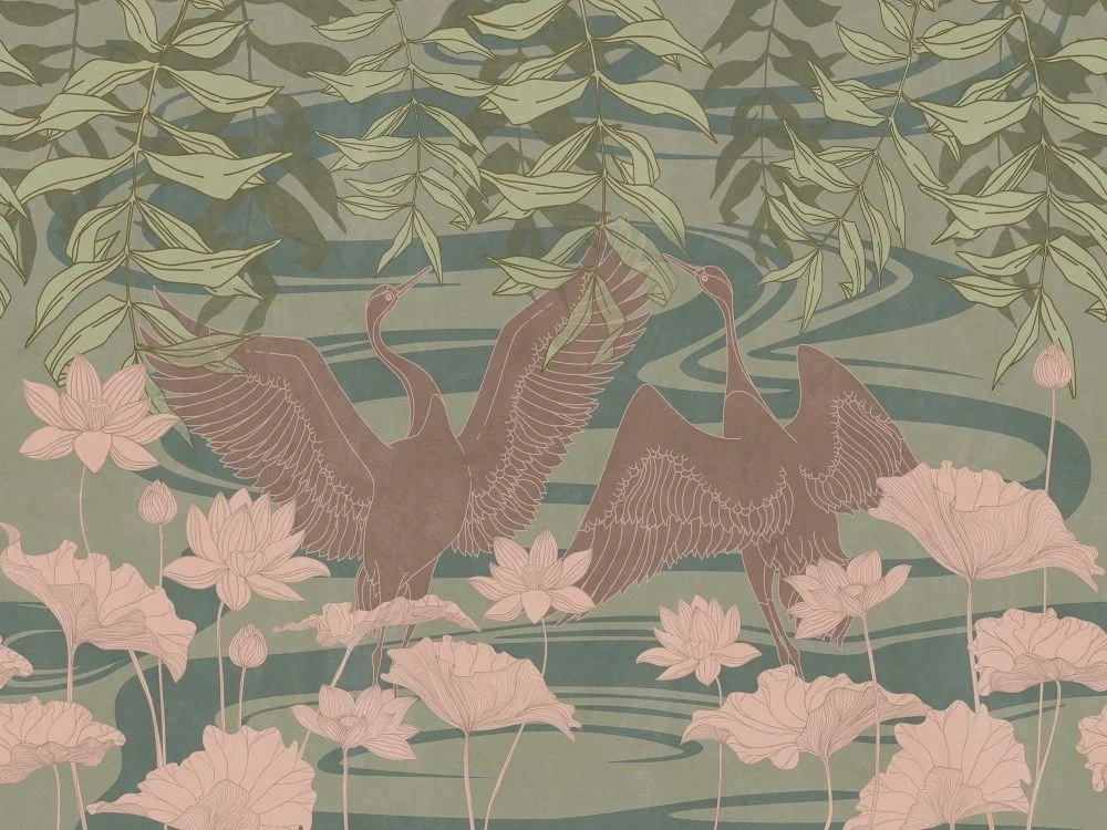 Фотообои и фрески на стену - в ванную комнату, журавли, зеленая