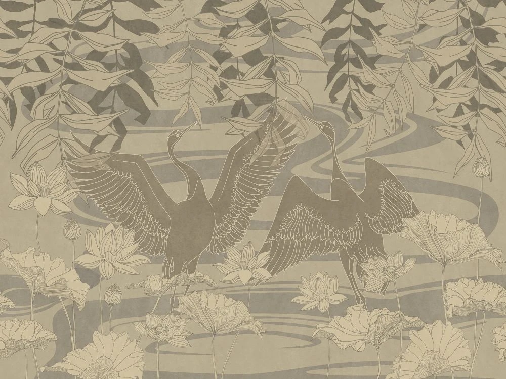 Фотообои и фрески на стену - в ванную комнату, журавли, бежевые