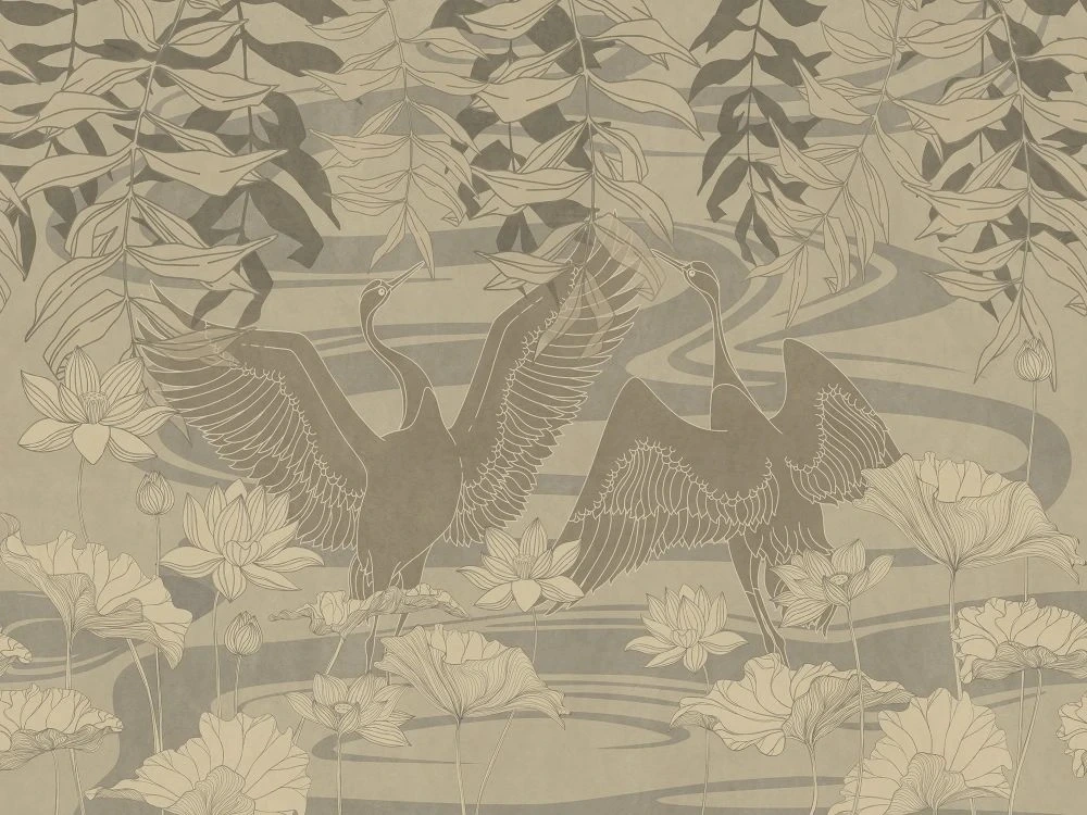 Фотообои на стену - в ванную комнату, журавли, бежевые