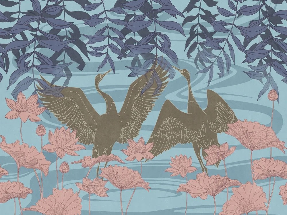 Фотообои и фрески на стену - в ванную комнату, журавли, синий