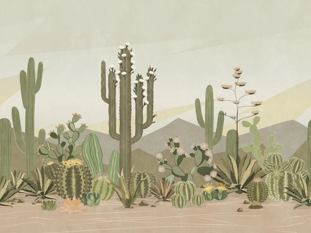 Фотообои и фрески на стену - в ванную комнату, кактусы, поп-арт, зелено-бежевая