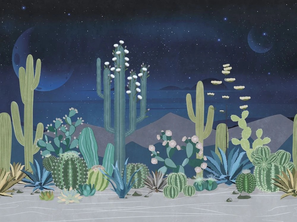 Фотообои и фрески на стену - в ванную комнату, кактусы, поп-арт, синий