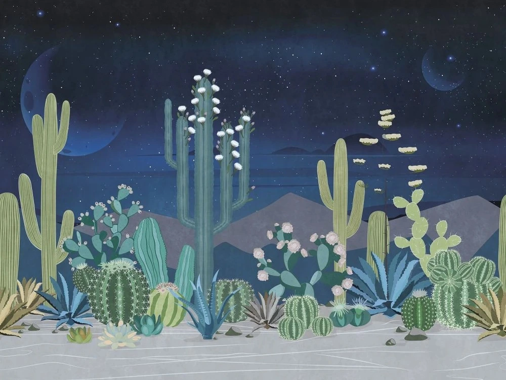 Фотообои и фрески на стену - в ванную комнату, кактусы, поп-арт, синий