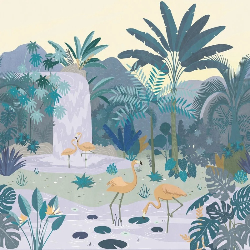 Фотообои и фрески на стену - в ванную комнату, фламинго, пальмы, поп-арт, синяя