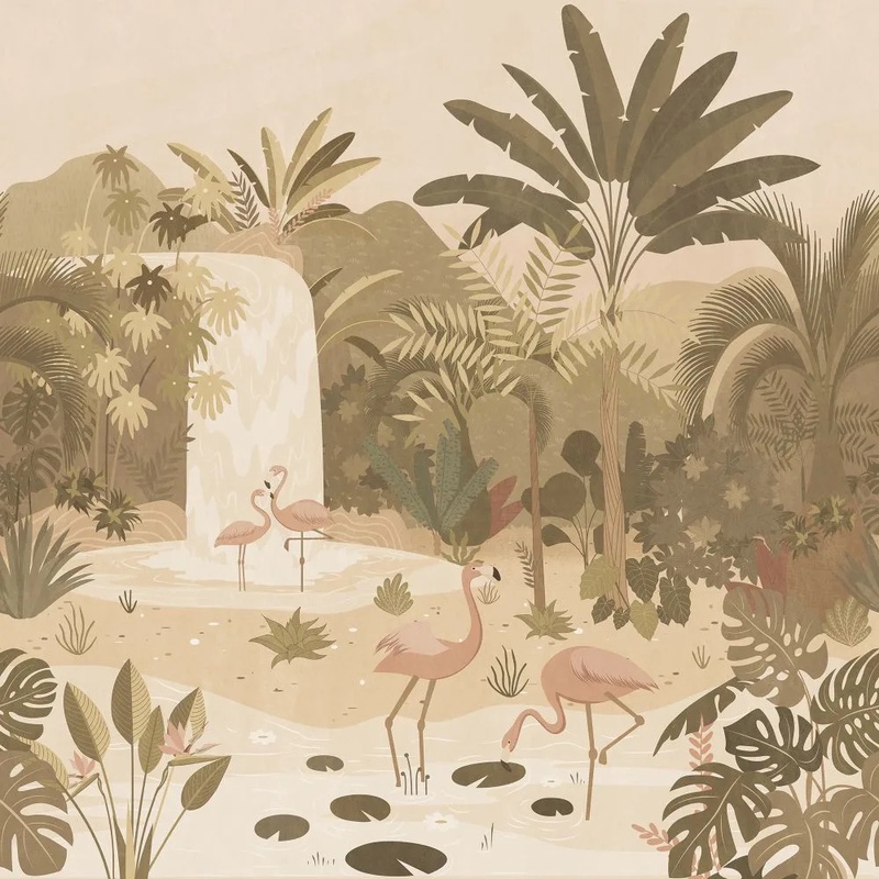 Фотообои и фрески на стену - в ванную комнату, фламинго, пальмы, бежевые