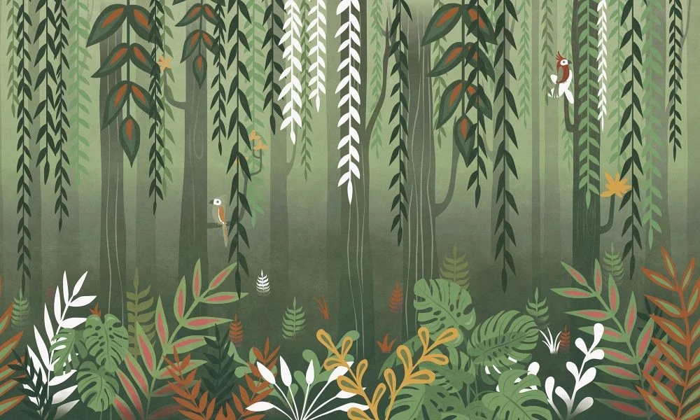 Фотообои и фрески на стену - в ванную комнату, тропики, лианы, зеленая