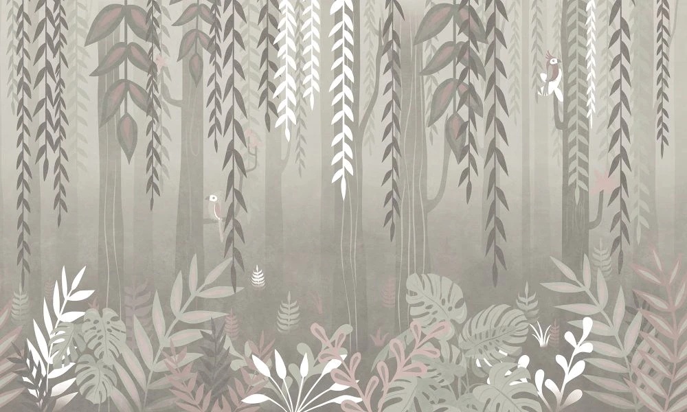 Фотообои и фрески на стену - в ванную комнату, тропики, лианы, бежевые, серые