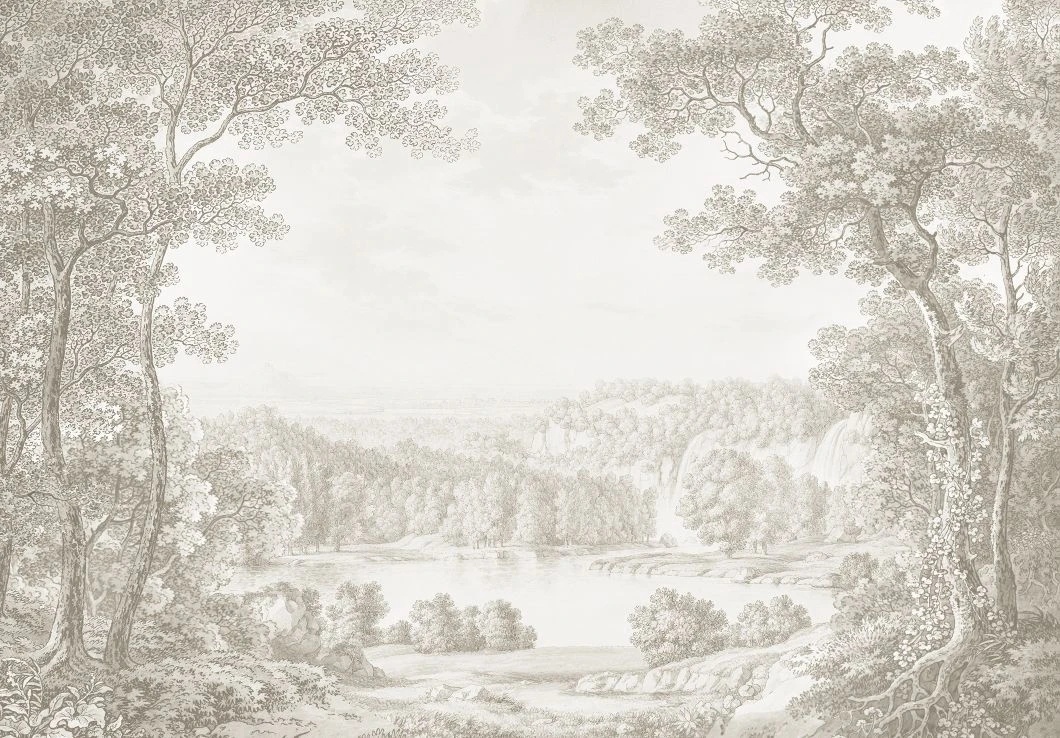 Фотообои и фрески на стену - пейзаж, графика, природа, бежевый лес, графический пейзаж, нежный лес на стену, в бежевом цвете, бежевые, изящная фреска, красивая в гостиную, на стену лес, туманный лес, лес в тумане, лес в интерьере, красивый лес