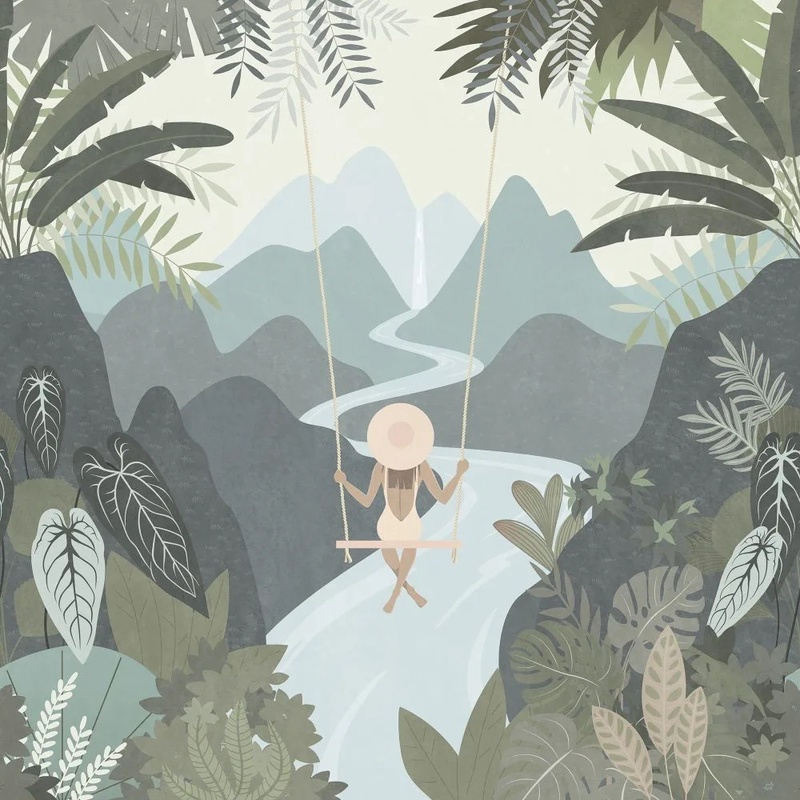 Фотообои и фрески на стену - в детскую комнату, качели, серо-зеленая