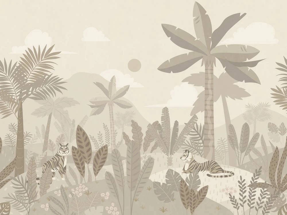 Фотообои и фрески на стену - в детскую комнату, пальмы, тигры, бежевые