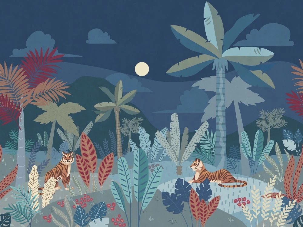 Фотообои и фрески на стену - в детскую комнату, пальмы, тигры, ярко синие