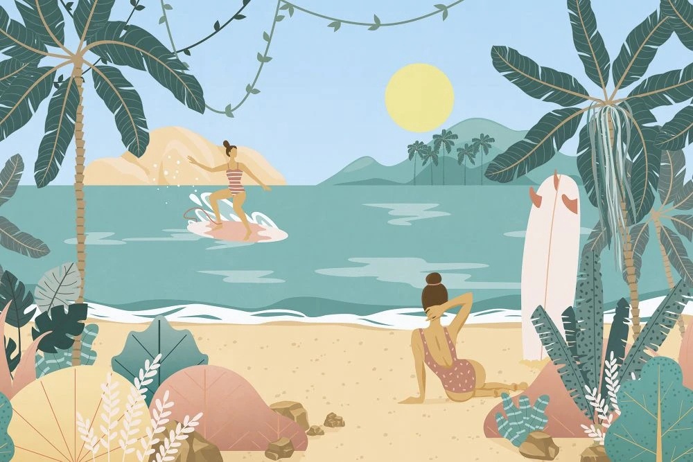 Фотообои и фрески на стену - в детскую комнату, море, пальмы, пляж, бирюзовая