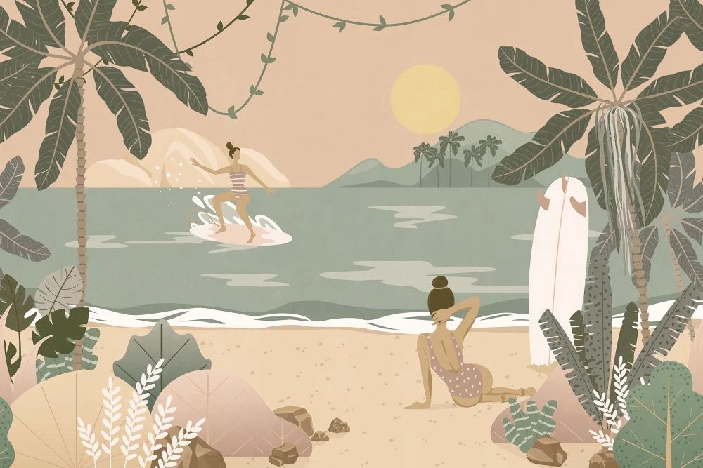 Фотообои и фрески на стену - в детскую комнату, море, пальмы, пляж, бежевые