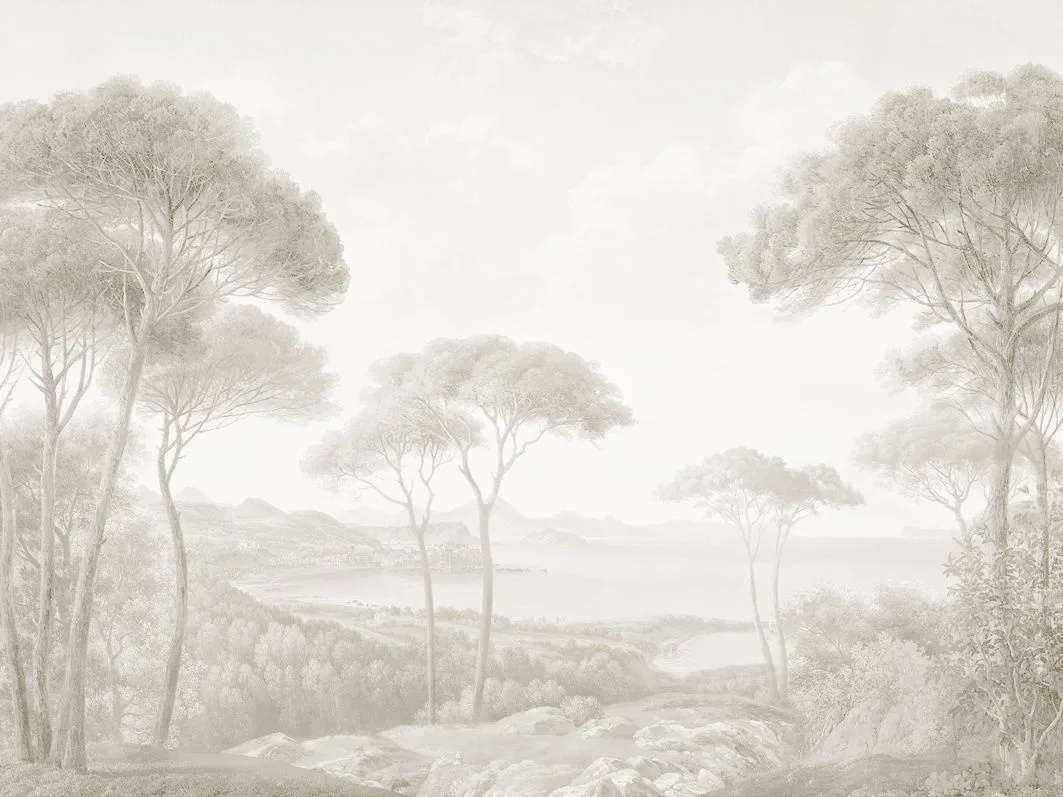 Фотообои и фрески на стену - пейзаж, популярные, бежевые, современные, пейзаж с соснами, нежный лес на стену, бежевый пейзаж, светлый пейзаж, красивый пейзаж, в спальню