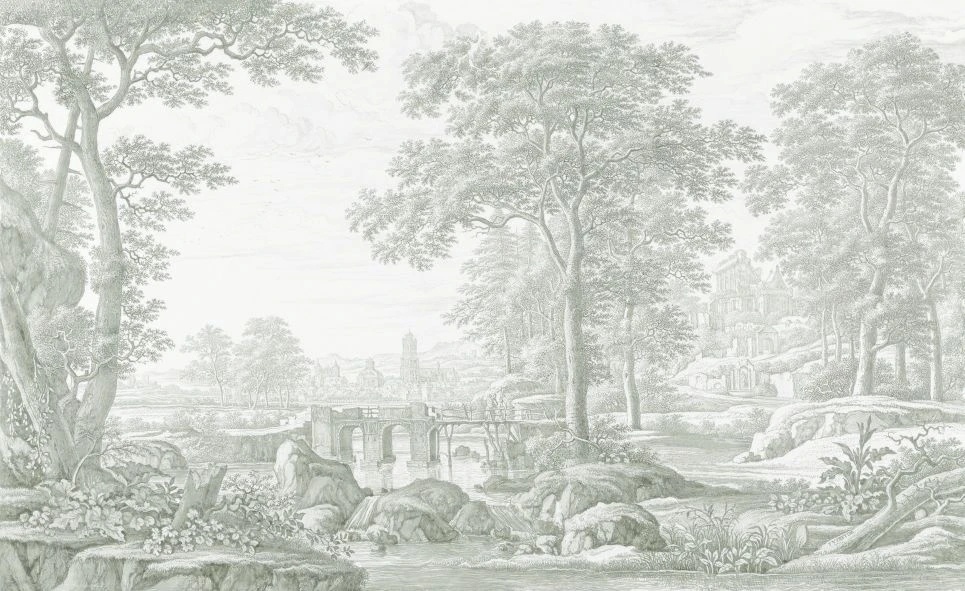 Фотообои и фрески на стену - пейзаж, популярные, серо-зеленая, деревья, светлые деревья, деревья в лесу, лес, мостик, река