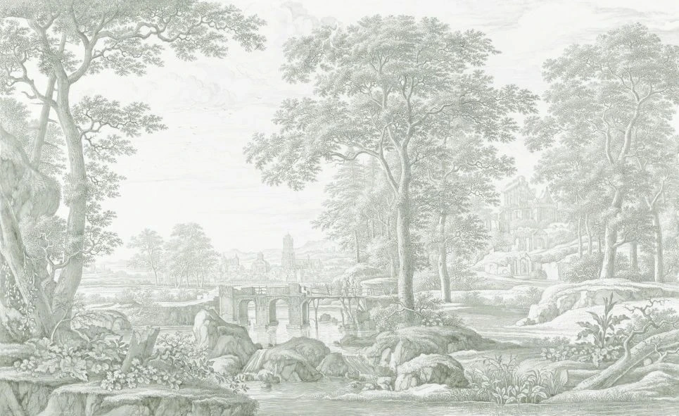 Фотообои и фрески на стену - пейзаж, популярные, серо-зеленая, деревья, светлые деревья, деревья в лесу, лес, мостик, река, новинки