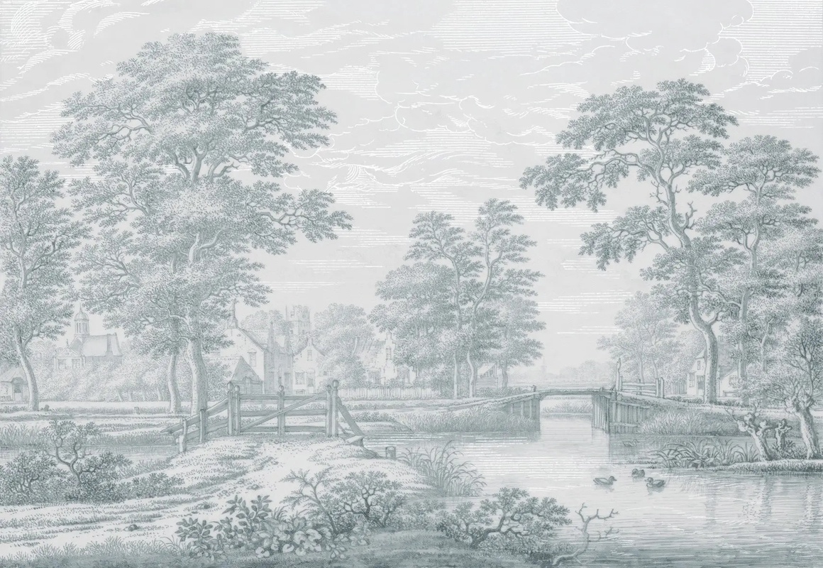 Фотообои и фрески на стену - пейзаж, популярные, бирюзовая, деревья, лес, светлые деревья, деревья в лесу, мостик, река