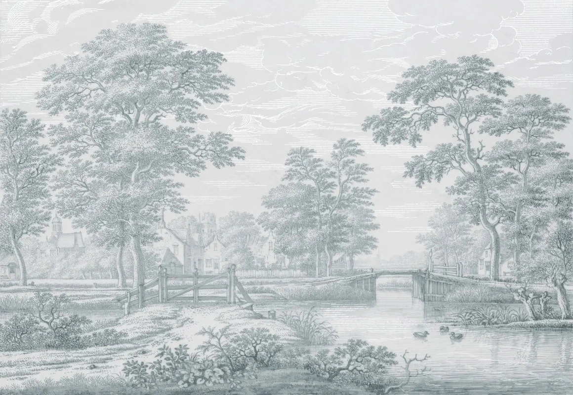 Фотообои и фрески на стену - пейзаж, популярные, бирюзовая, деревья, лес, светлые деревья, деревья в лесу, мостик, река, новинки