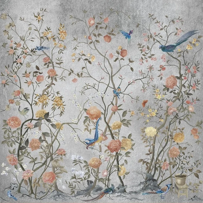 Фотообои и фрески на стену - шинуазри, поталь, серебро, розы, персиковая, абрикосовая