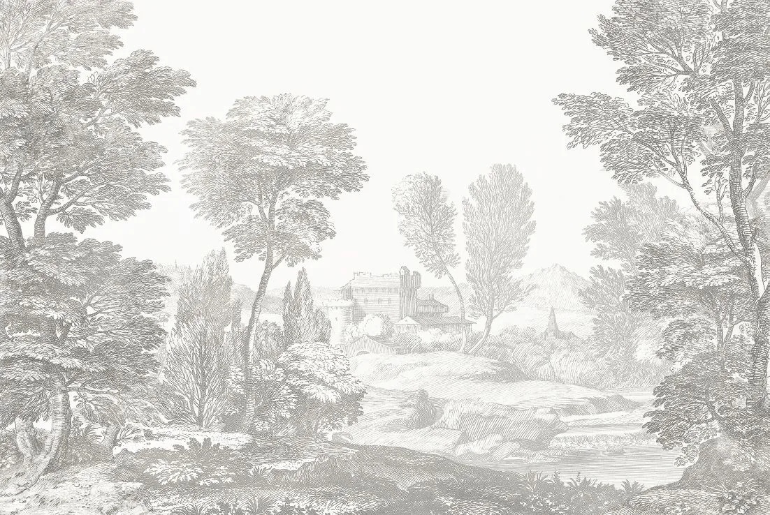 Фотообои и фрески на стену - пейзаж, лес, гравюра, графика, бежевые, деревья, в гостиную, в загородный дом, в отель