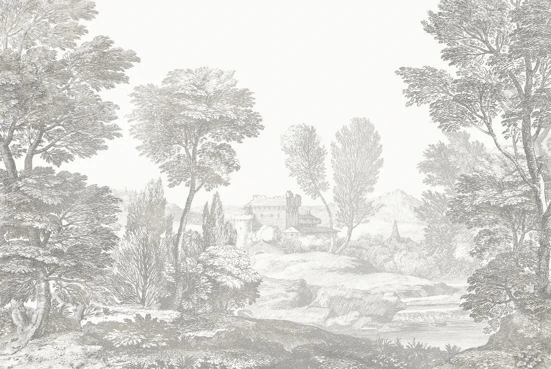 Фотообои на стену - пейзаж, лес, гравюра, графика, бежевые, деревья, в гостиную, в загородный дом, в отель, новинки