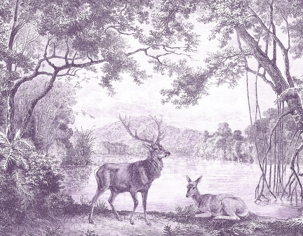 Фотообои и фрески на стену - обои гравюра, лес, пейзаж, олени, река, фиолетовые обои лес