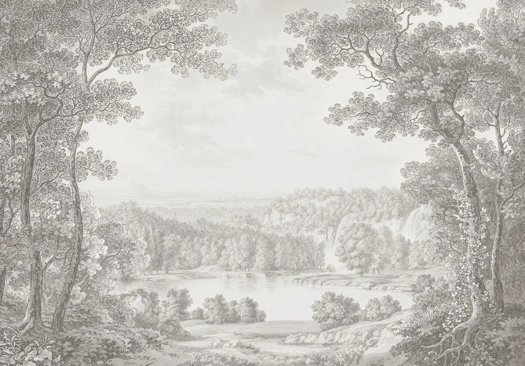 Фотообои и фрески на стену - пейзаж, графика, обои гравюра, красивый пейзаж на обои, обои пейзаж качество, обои светло бежевые, фотообои фреска лес