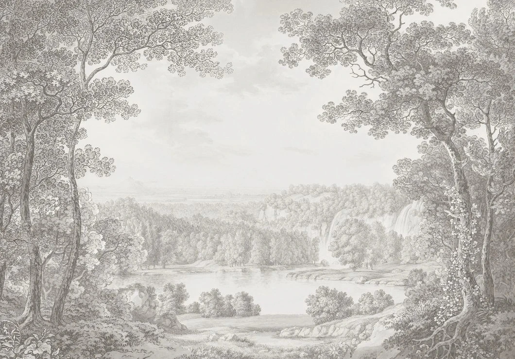 Фотообои на стену - пейзаж, графика, новинки, обои гравюра, красивый пейзаж на обои, обои пейзаж качество, обои светло бежевые, фотообои фреска лес