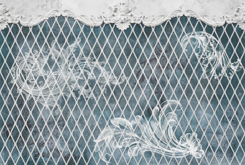 Фотообои и фрески на стену - в стиле прованс, бежево-бирюзовая, ромбы