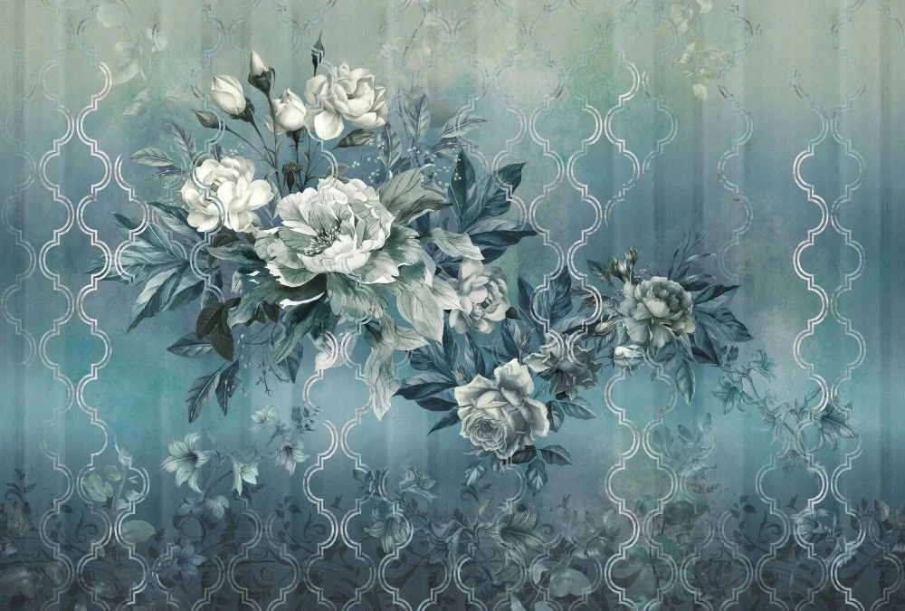 Фотообои на стену - в стиле прованс, бело-синяя, цветы