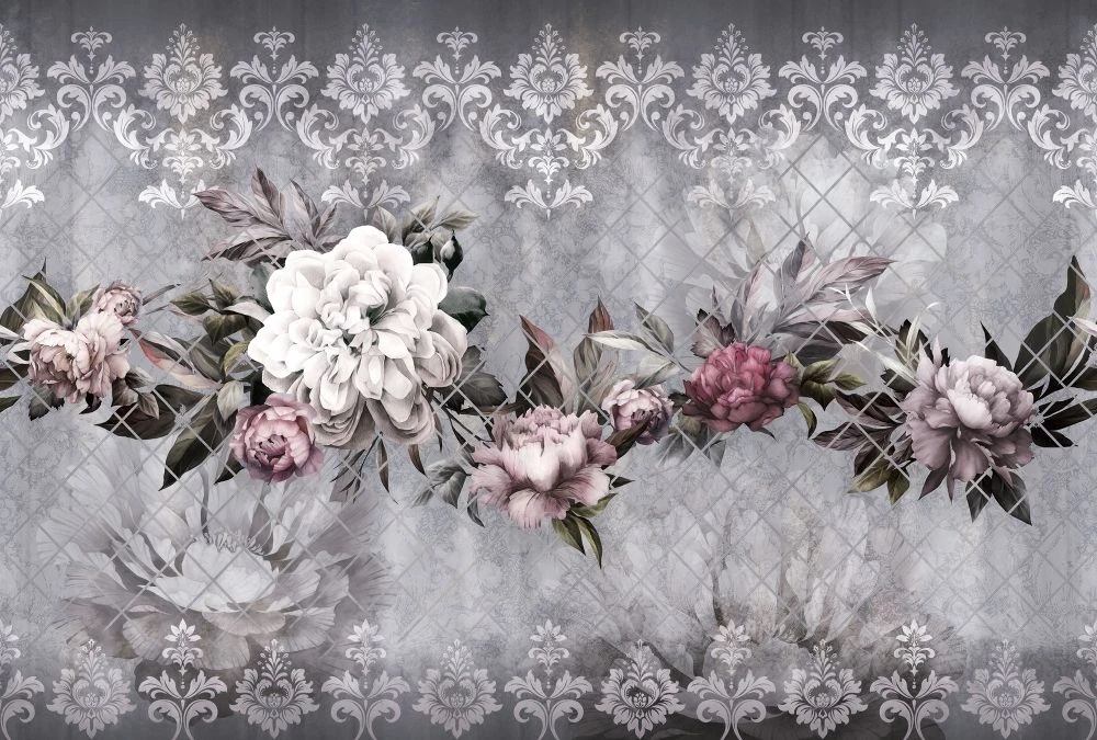 Фотообои и фрески на стену - в стиле прованс, темно серая, белый цветок