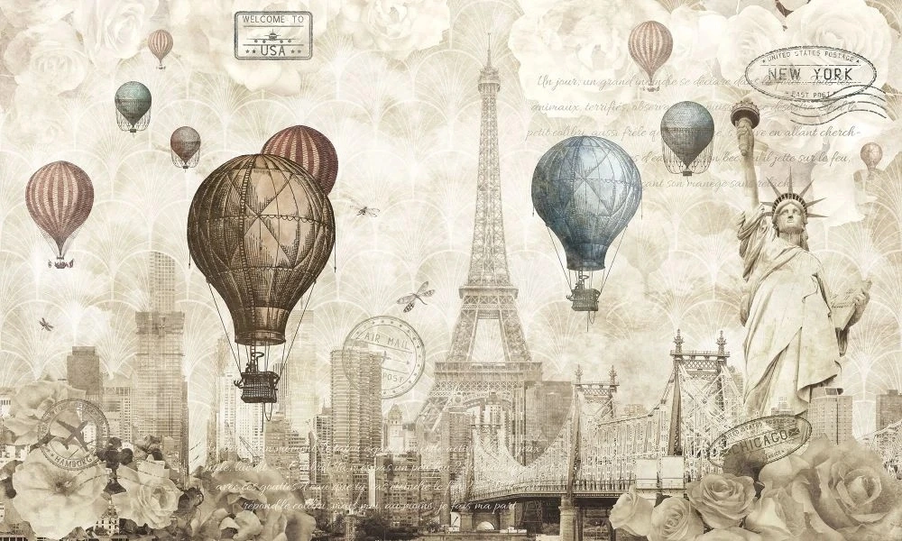 Фотообои и фрески на стену - в стиле прованс, эйфелева башня, воздушные шары, винтаж