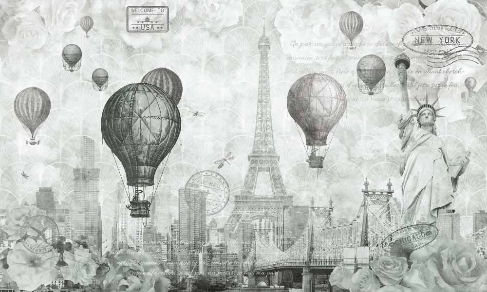 Фотообои и фрески на стену - в стиле прованс, черно-белые, эйфелева башня, воздушные шары, винтаж