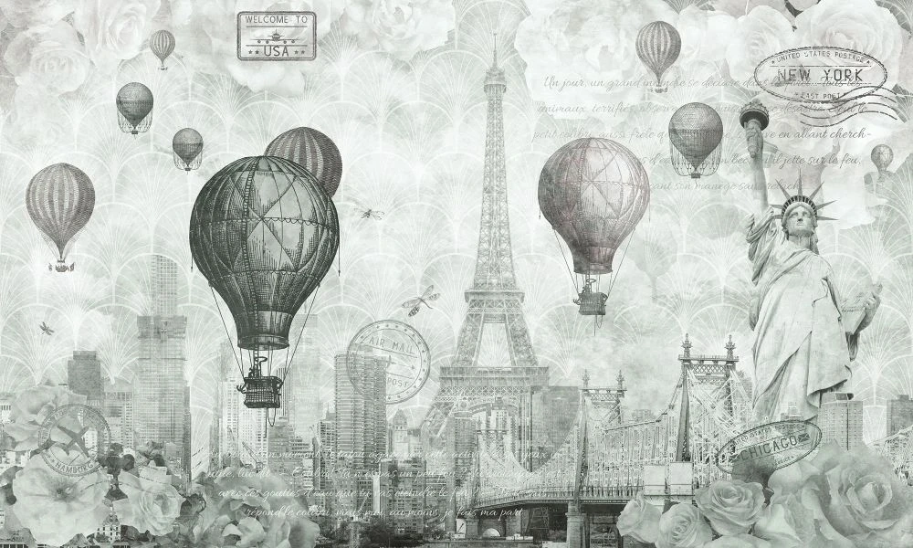 Фотообои и фрески на стену - в стиле прованс, черно-белые, эйфелева башня, воздушные шары, винтаж