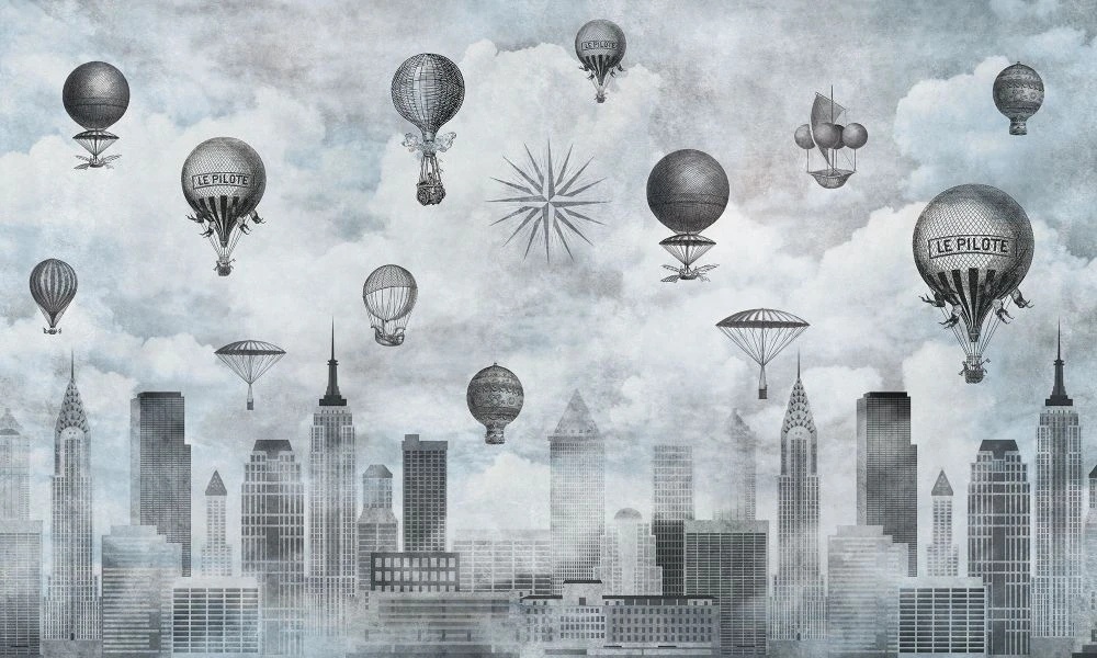 Фотообои и фрески на стену - в стиле прованс, черно-белые, мегаполис, сити, небоскребы, воздушные шары