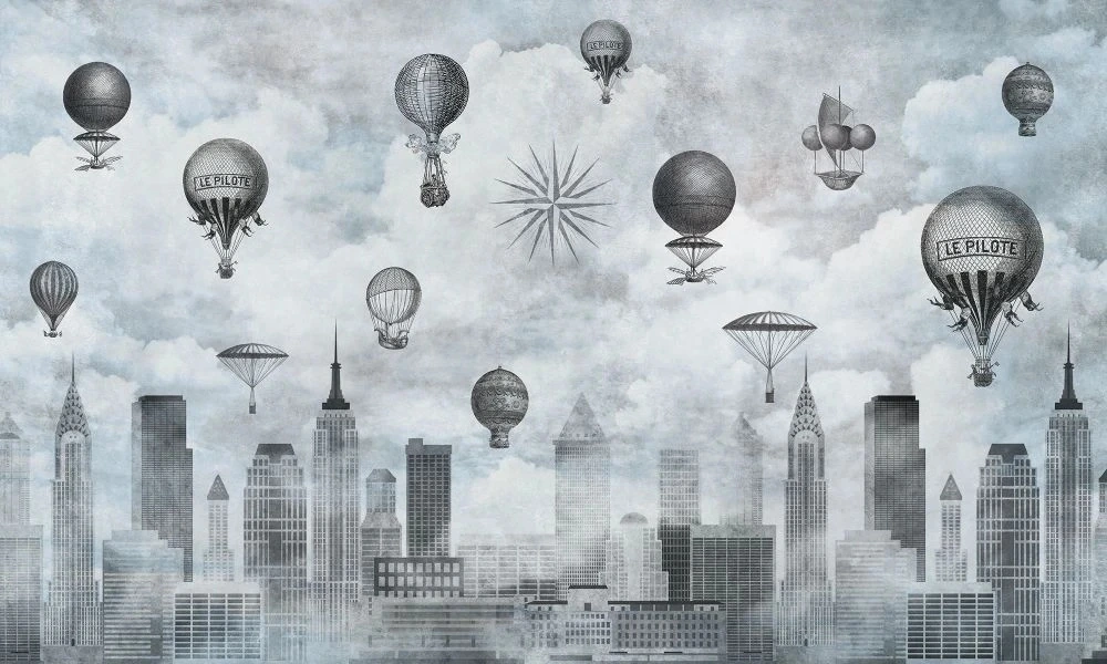 Фотообои и фрески на стену - в стиле прованс, черно-белые, мегаполис, сити, небоскребы, воздушные шары