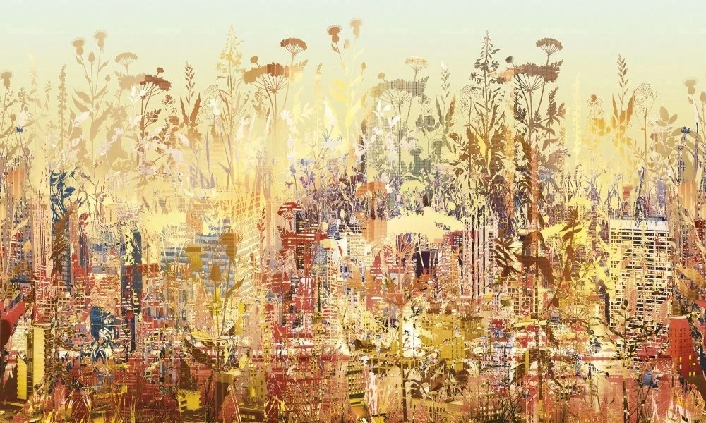 Фотообои и фрески на стену - лофт, поляна цветов, желтая