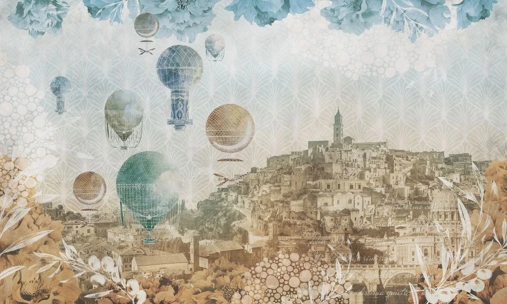 Фотообои на стену - в стиле прованс, воздушные шары, город