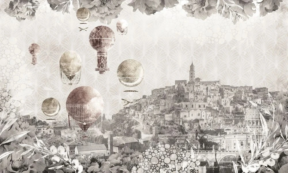 Фотообои и фрески на стену - в стиле прованс, воздушные шары, город, бежево-серая
