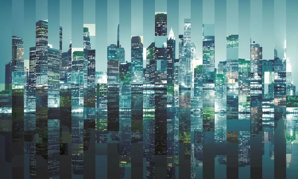 Фотообои и фрески на стену - лофт, город, мегаполис, сити, небоскребы, бирюзовые