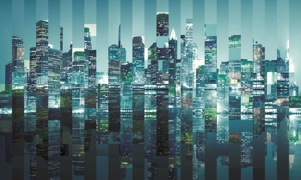 Фотообои и фрески на стену - лофт, город, мегаполис, сити, небоскребы, бирюзовые