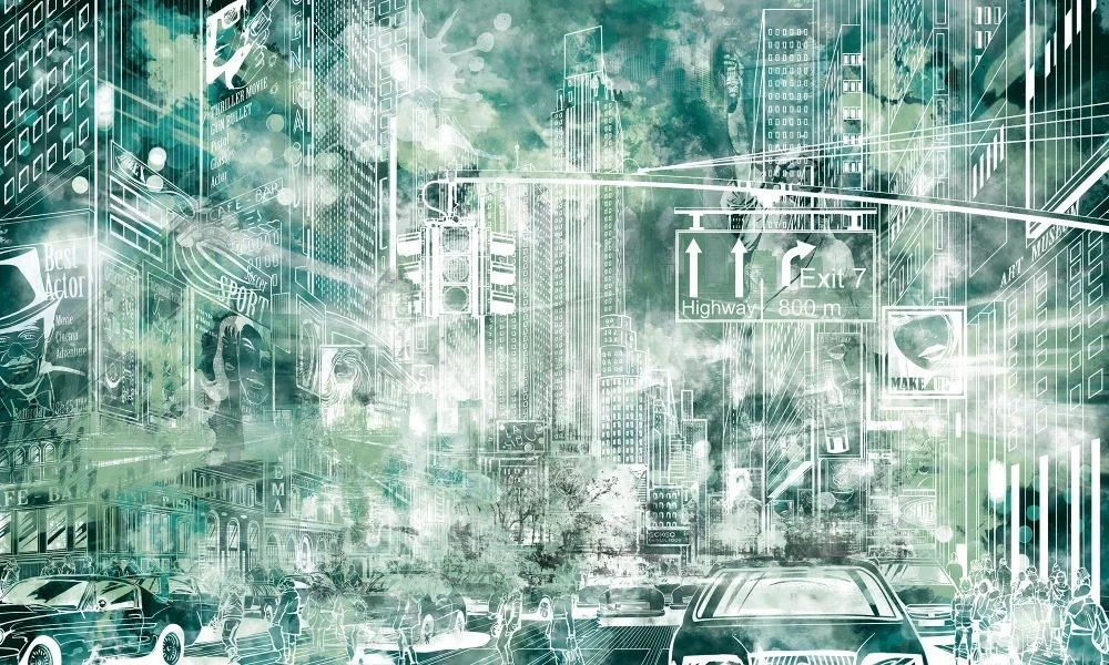 Фотообои и фрески на стену - лофт, город, бирюзовая