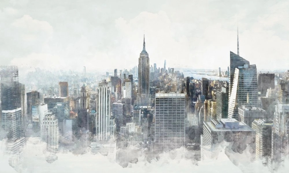 Фотообои и фрески на стену - лофт, винтаж, город, мегаполис, сити, небоскребы, серая