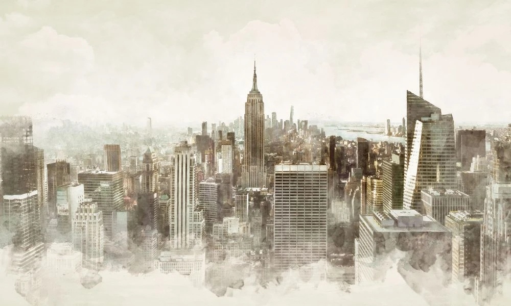 Фотообои и фрески на стену - лофт, винтаж, город, мегаполис, сити, небоскребы, бежевые