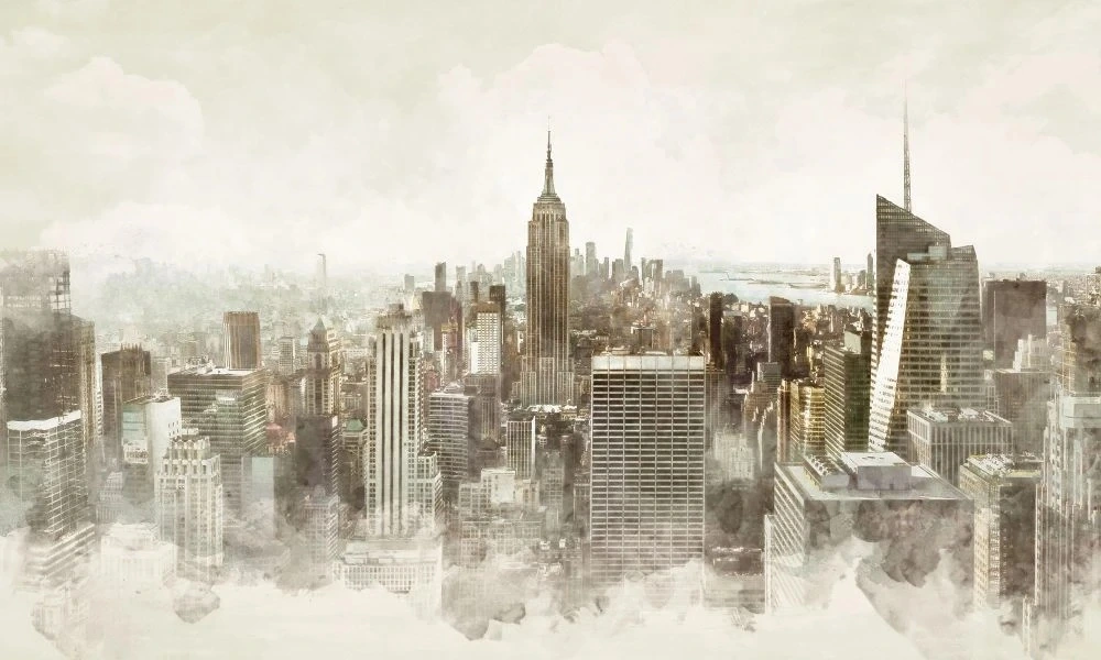 Фотообои на стену - лофт, винтаж, город, мегаполис, сити, небоскребы, бежевые