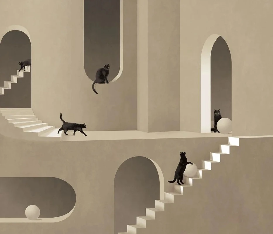Фотообои и фрески на стену - ЗД, геометрия, бежевые, лестницы с кошками, кошки на лестницах