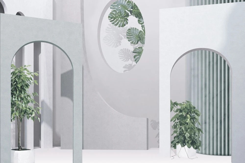 Фотообои и фрески на стену - геометрия, 3Д, арки, листья, серая, серо-голубая