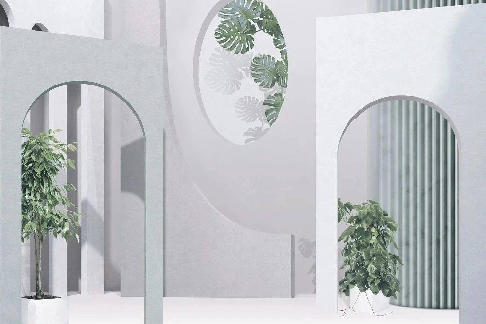 Фотообои и фрески на стену - геометрия, 3Д, арки, листья, серая, серо-голубая